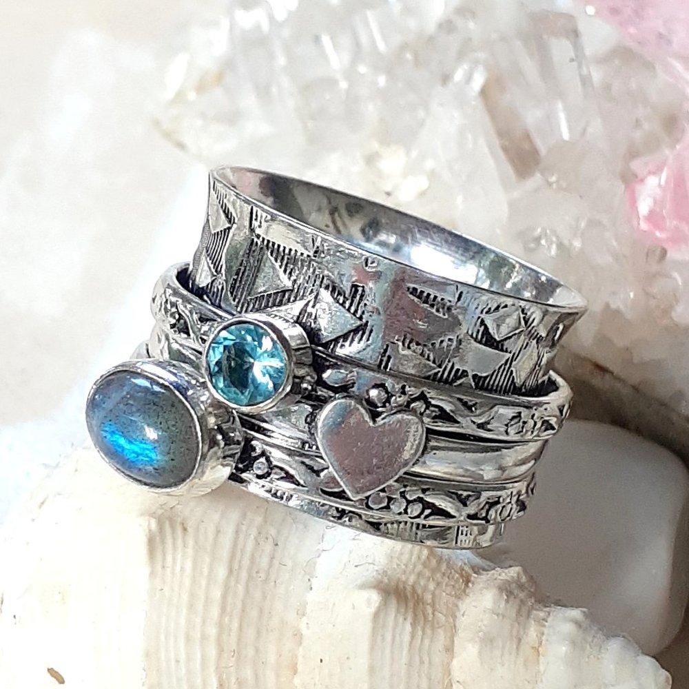925 Sterling Moonstone & Sapphire Spinner Ring - Picture 9 of 11